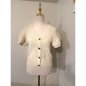 Habitual Cream Pointelle Ruffle Sleeve Cardigan Sweater Size Small